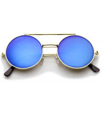 Goggle Mid Size Flip-Up Colored Mirror Lens Round Django Sunglasses 49mm - Gold / Blue Mirror - CI12MZXX88Q $19.96