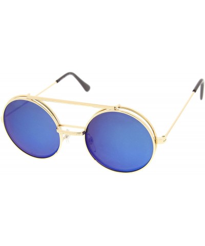 Goggle Mid Size Flip-Up Colored Mirror Lens Round Django Sunglasses 49mm - Gold / Blue Mirror - CI12MZXX88Q $10.50