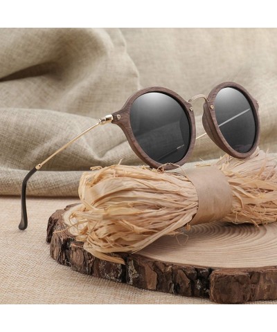Round Ultralight Women Men Polarized Sunglasses Wooden Round Frame CR39 Lens - Black Lens With Case - CD197Y7COZQ $28.70