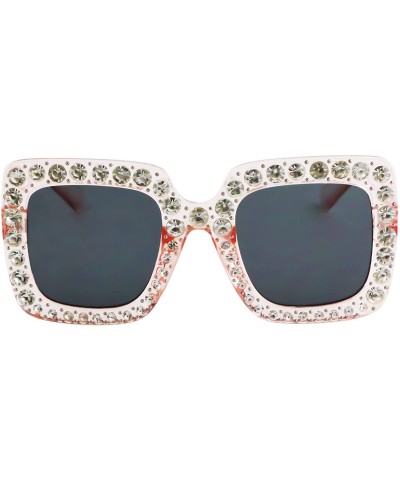 Oversized Oversized Square Frame Bling Rhinestone Crystal Brand Designer Sunglasses For Women 2018 - Pink Black Lens - CE18X2...
