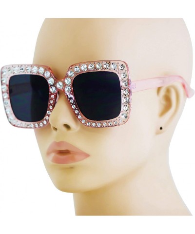 Oversized Oversized Square Frame Bling Rhinestone Crystal Brand Designer Sunglasses For Women 2018 - Pink Black Lens - CE18X2...