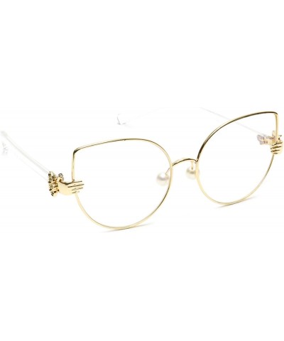 Cat Eye Cat Eye Eyeglasses Retro Clear Lens Metal Women's Pearl Nose Pieces - Gold - CP18EOM53Z4 $13.53