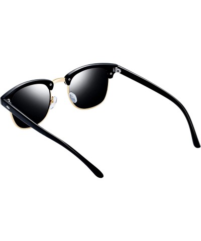 Round Semi-Rimless Sunglasses for Women Men - Horn Rimmed Half Frame Sunglasses Polarized - 2 Pack (Black+ Black) - CO18X7MHE...