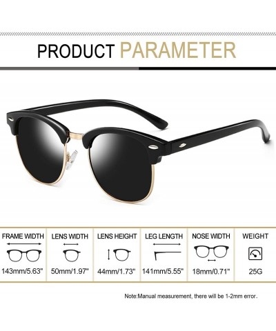 Round Semi-Rimless Sunglasses for Women Men - Horn Rimmed Half Frame Sunglasses Polarized - 2 Pack (Black+ Black) - CO18X7MHE...