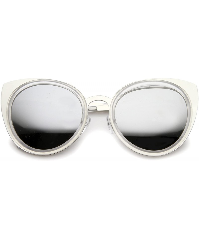 Round Womens Two-Toned Metal Reinforced Color Mirror Lens Cat Eye Sunglasses 54mm - Clear-silver / Silver Mirror - CN12H0L06L...