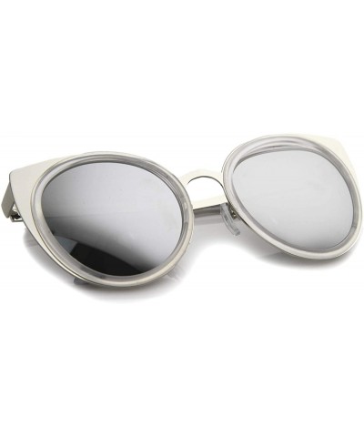 Round Womens Two-Toned Metal Reinforced Color Mirror Lens Cat Eye Sunglasses 54mm - Clear-silver / Silver Mirror - CN12H0L06L...