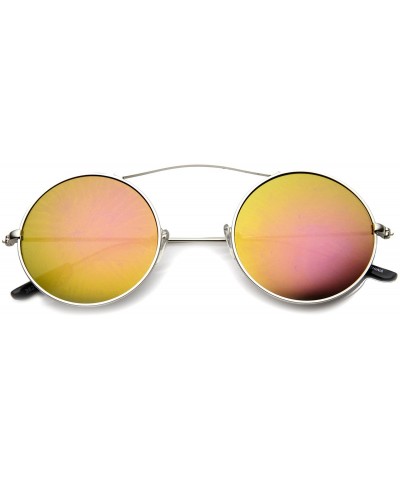 Round Retro Metal Curved Brow Bar Slim Temple Colored Mirror Lens Round Sunglasses 42mm - Silver / Pink - CJ124SH6FMT $19.27