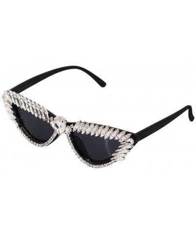 Square Vintage Cat Eye Diamond Crystal Sunglasses for Women Oversized Plastic Frame - Black D - CY18WIKDTEA $15.29