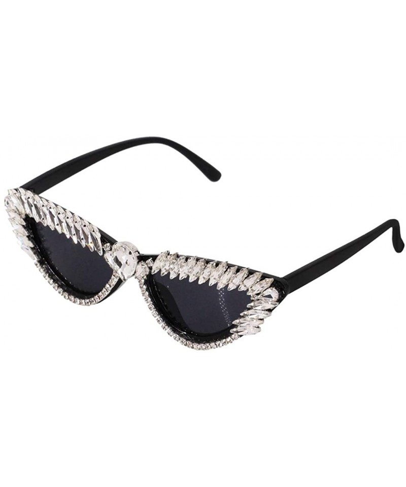 Square Vintage Cat Eye Diamond Crystal Sunglasses for Women Oversized Plastic Frame - Black D - CY18WIKDTEA $15.29