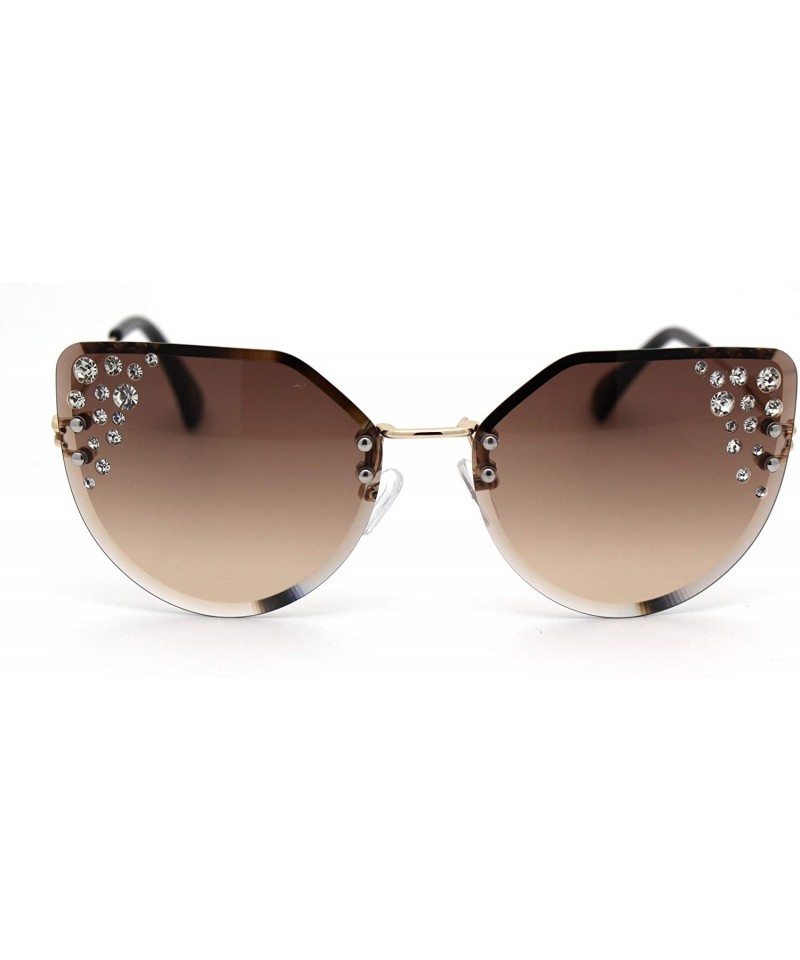 Cat Eye Womens Bevel Edge Rhinestone Oversize Rimless Cat Eye Sunglasses - Gold Brown - CQ18Y4ZKMCR $26.97