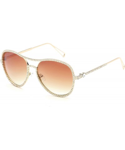 Cat Eye Oversized Rhinestone Aviator Sunglasses for Women Diamond Shades - Gold Frame/Brown Lens - C818UNU30U4 $32.34