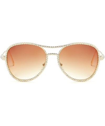 Cat Eye Oversized Rhinestone Aviator Sunglasses for Women Diamond Shades - Gold Frame/Brown Lens - C818UNU30U4 $18.59