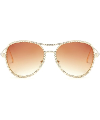 Cat Eye Oversized Rhinestone Aviator Sunglasses for Women Diamond Shades - Gold Frame/Brown Lens - C818UNU30U4 $18.59