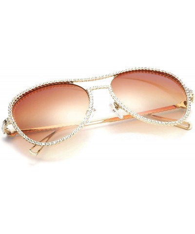Cat Eye Oversized Rhinestone Aviator Sunglasses for Women Diamond Shades - Gold Frame/Brown Lens - C818UNU30U4 $18.59