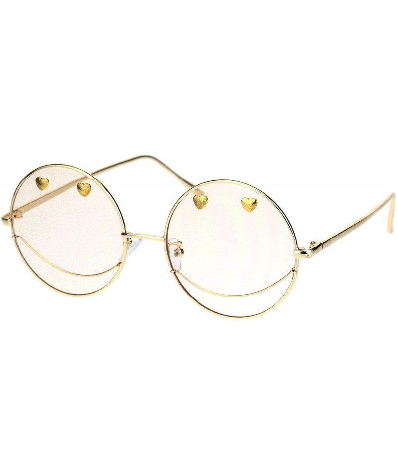 Round Womens Retro Heart Stud Smiley Face Hippie Metal Rim Sunglasses - Gold Beige - CJ18K6TE8XS $10.57