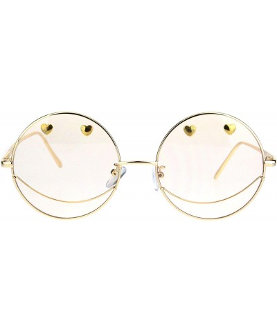 Round Womens Retro Heart Stud Smiley Face Hippie Metal Rim Sunglasses - Gold Beige - CJ18K6TE8XS $10.57