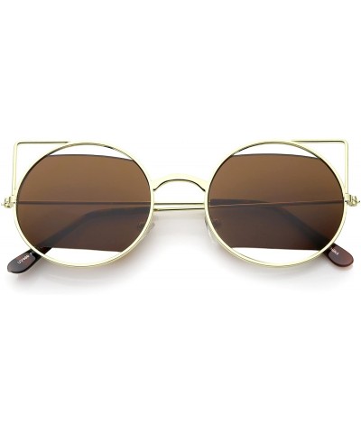 Cat Eye Women's Cutout Metal Open Frame Lens Round Cat Eye Sunglasses 52mm - Gold / Brown - CB12JP6FFU1 $8.25