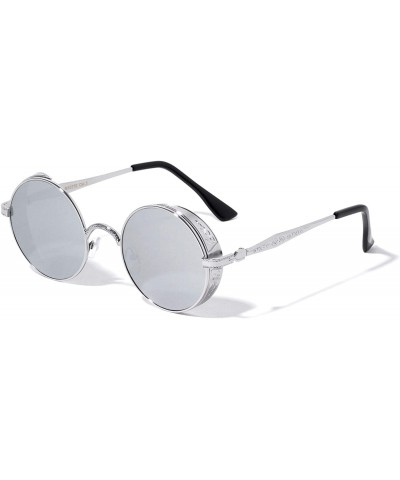 Shield Round Engraved Side Shield Steampunk Fashion Sunglasses - Silver - CW196XHXYWI $11.19