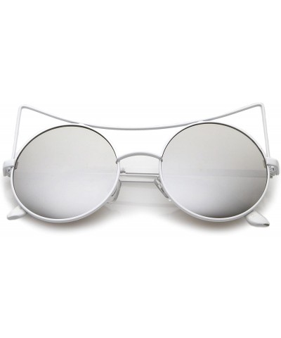 Cat Eye Women's Oversize Open Metal Mirrored Round Flat Lens Cat Eye Sunglasses 54mm - White / Silver Mirror - C6182ZWRTTQ $1...