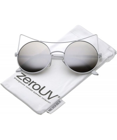 Cat Eye Women's Oversize Open Metal Mirrored Round Flat Lens Cat Eye Sunglasses 54mm - White / Silver Mirror - C6182ZWRTTQ $1...