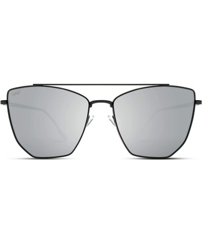 Round Double Bridge Elegant Geometric Designer Inspired Cat Eye Sunglasses - Black Frame / Mirror Silver Lens - C9184XLT33O $...