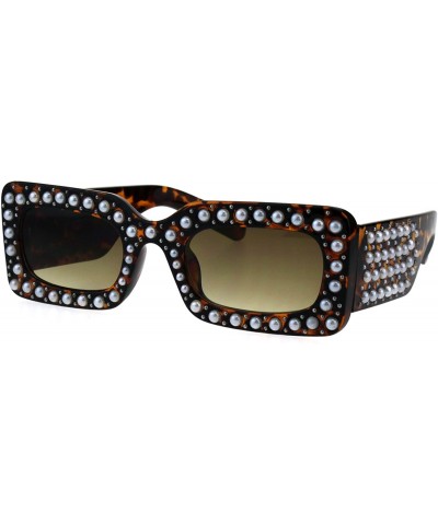 Rectangular Pearl Jewel Iced Out Bling Mod Thick Plastic Rectangular Sunglasses - Tortoise Brown - CM18E0Z27YT $34.35