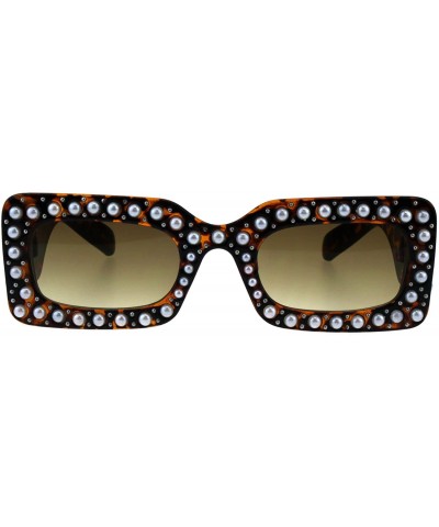 Rectangular Pearl Jewel Iced Out Bling Mod Thick Plastic Rectangular Sunglasses - Tortoise Brown - CM18E0Z27YT $15.82