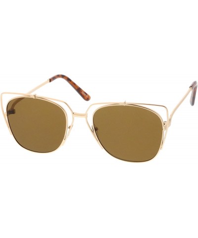 Cat Eye Women's Open Metal Slim Curved Arm Square Flat Lens Cat Eye Sunglasses 55mm - Gold / Brown - C71838YNLH8 $11.88