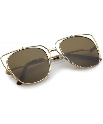 Cat Eye Women's Open Metal Slim Curved Arm Square Flat Lens Cat Eye Sunglasses 55mm - Gold / Brown - C71838YNLH8 $11.88