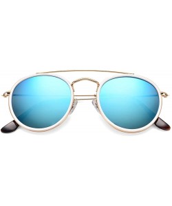Oval round double bridge sunglasses for women men crystal glass lens mirrored glasses 100% UV400 protection - Ice Blue - C819...