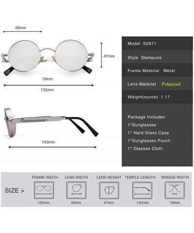 Round Polarized Steampunk Round Sunglasses for Men Women Mirrored Lens Metal Frame S2671 - Silver Mirror - CN182AYISN3 $15.24