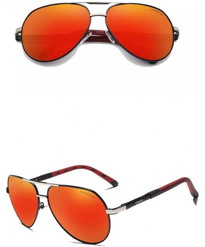 Round Genuine aviator sunglasses men fashion polarized UV400 ultra light Al-Mg - Silver/Red - CE18S7EN5HR $52.06