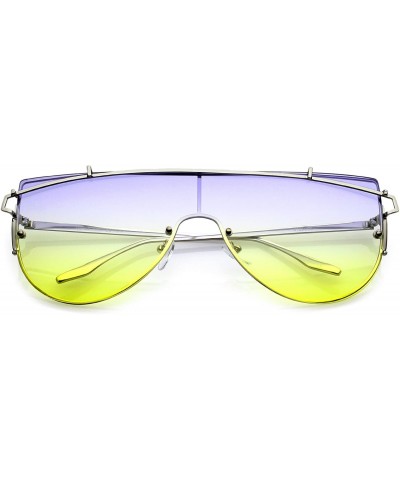 Rimless Futuristic Rimless Metal Crossbar Gradient Colored Mono Lens Shield Sunglasses 61mm - Silver / Blue-yellow - C017YZC3...