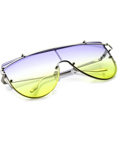 Rimless Futuristic Rimless Metal Crossbar Gradient Colored Mono Lens Shield Sunglasses 61mm - Silver / Blue-yellow - C017YZC3...