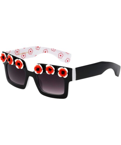 Rectangular Squared Rectangular Flower Sunglasses - Black & White - CU196XEG4R8 $14.35