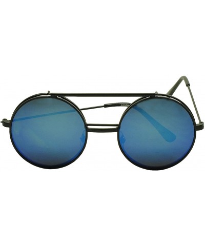 Oversized Metal Round Retro Boho Transparent Colored Mirrored Steampunk Flip Up Glasses Sunglasses - Black - Blue - CS12N6GH2...