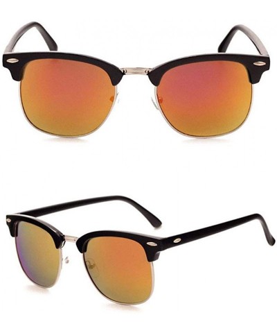 Round Genuine Semi Metal Quality Horn Rimmed Sunglasses Men Women Stylish UV400 - Black/Orange - CU18EUK6SUX $12.08