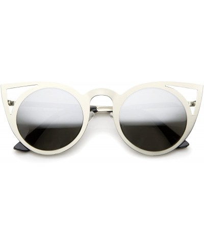 Round Womens Fashion Round Metal Cut-Out Flash Mirror Lens Cat Eye Sunglasses - Silver / Silver Mirror - CB12GXUE62Z $18.58