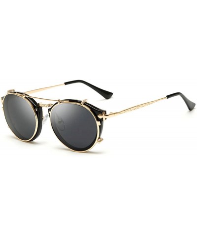 Oval Vintage Round Anti-UV Lens Metal Frame Two Usages Sunglasses - Gold-black Frame/Grey Mirror - CL12EECKV0F $17.84