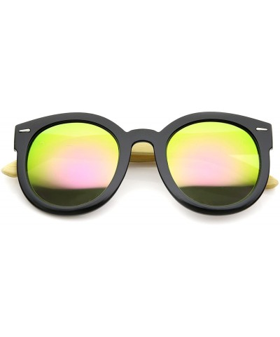 Round Eco-Friendly Real Bamboo Temples Mirrored Lens Round Sunglasses 53mm - Black / Pink Yellow Mirror - CF12H0L9IOH $31.12