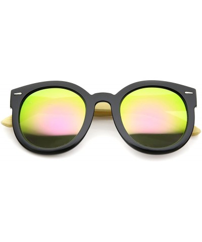 Round Eco-Friendly Real Bamboo Temples Mirrored Lens Round Sunglasses 53mm - Black / Pink Yellow Mirror - CF12H0L9IOH $12.24