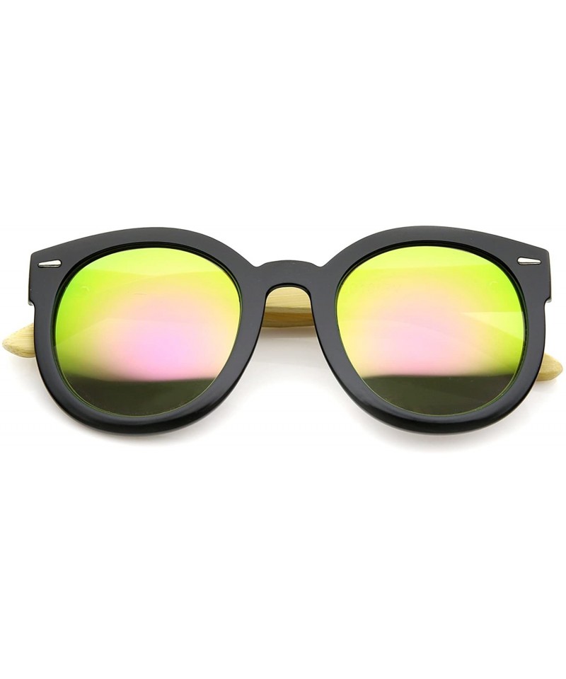 Round Eco-Friendly Real Bamboo Temples Mirrored Lens Round Sunglasses 53mm - Black / Pink Yellow Mirror - CF12H0L9IOH $28.68