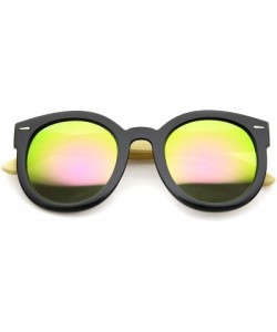 Round Eco-Friendly Real Bamboo Temples Mirrored Lens Round Sunglasses 53mm - Black / Pink Yellow Mirror - CF12H0L9IOH $28.68
