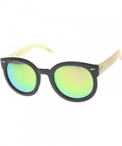 Round Eco-Friendly Real Bamboo Temples Mirrored Lens Round Sunglasses 53mm - Black / Pink Yellow Mirror - CF12H0L9IOH $28.68