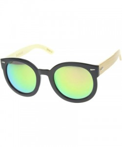 Round Eco-Friendly Real Bamboo Temples Mirrored Lens Round Sunglasses 53mm - Black / Pink Yellow Mirror - CF12H0L9IOH $12.24