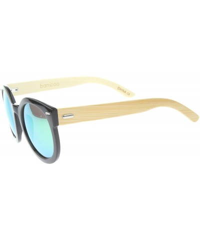 Round Eco-Friendly Real Bamboo Temples Mirrored Lens Round Sunglasses 53mm - Black / Pink Yellow Mirror - CF12H0L9IOH $28.68