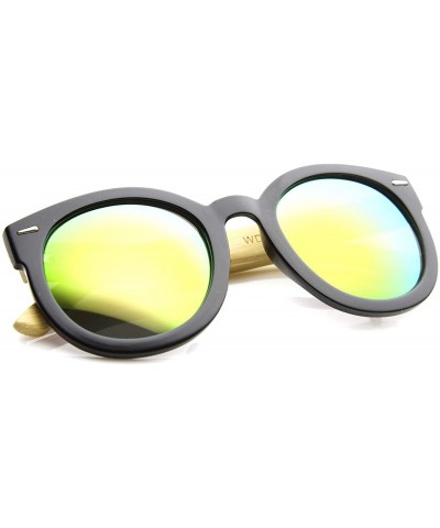 Round Eco-Friendly Real Bamboo Temples Mirrored Lens Round Sunglasses 53mm - Black / Pink Yellow Mirror - CF12H0L9IOH $28.68