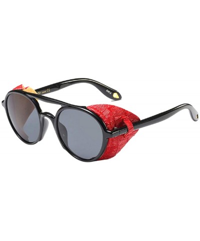 Round Women's Retro Classic Round Plastic Frame Sunglasses With Leather - Black Red Gray - CF18W9KLIQM $47.41
