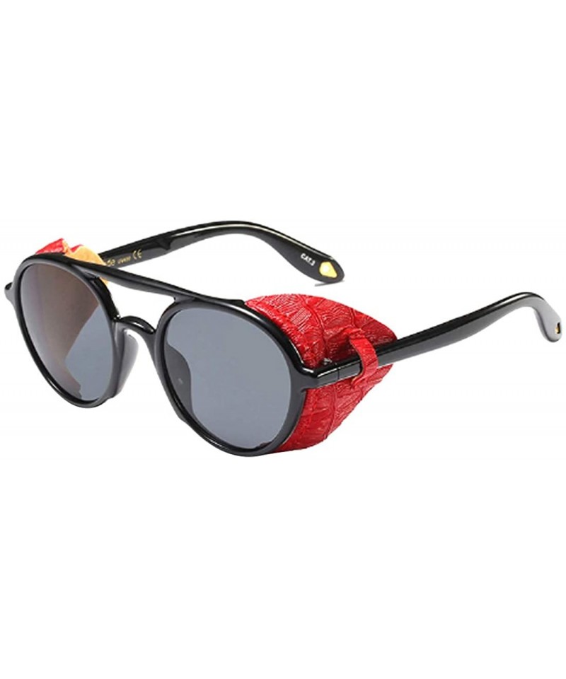 Round Women's Retro Classic Round Plastic Frame Sunglasses With Leather - Black Red Gray - CF18W9KLIQM $27.18