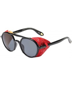 Round Women's Retro Classic Round Plastic Frame Sunglasses With Leather - Black Red Gray - CF18W9KLIQM $27.18